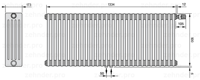 Схема (чертеж) Радиатор Zehnder Charleston 5090/29 №V008 Белый глянцевый RAL 9016